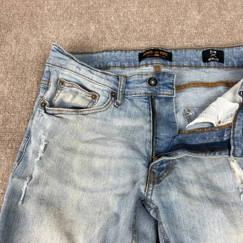 Ring Of Fire Slim Jeans Mens 31x30 Blue Denim Cotton Stretch Distressed Low Rise